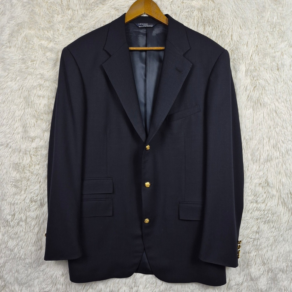 Vintage Polo Ralph Lauren Navy Blue Wool Blazer Gold 3 Button Made in USA 42L